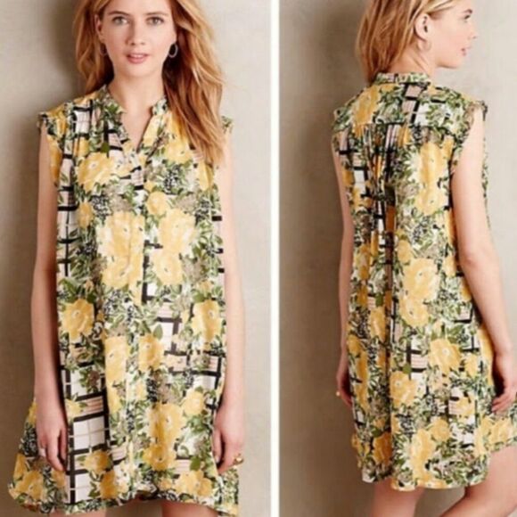 Anthropologie Porridge Arboretum Dress Yellow Floral Short Sleeveless Size Small - Picture 1 of 5